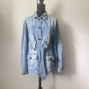 Vtg‎ Distressed Belted Denim Utility Jacket Safari Workwear Chic Boho Women's